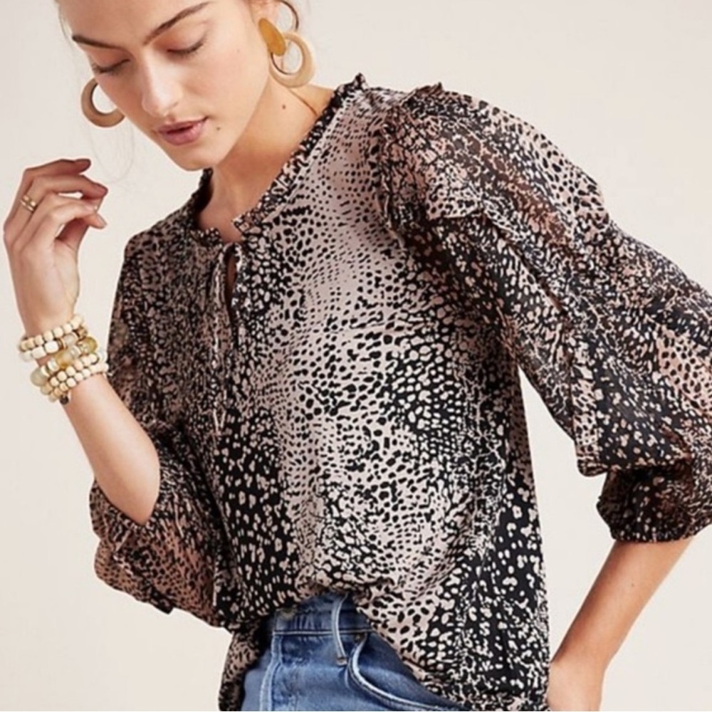 Maeve by Anthropologie, leopard print ruffle sleeve tunic blouse